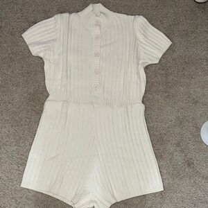 Cream Ribbed Knit Short Sleeve Romper